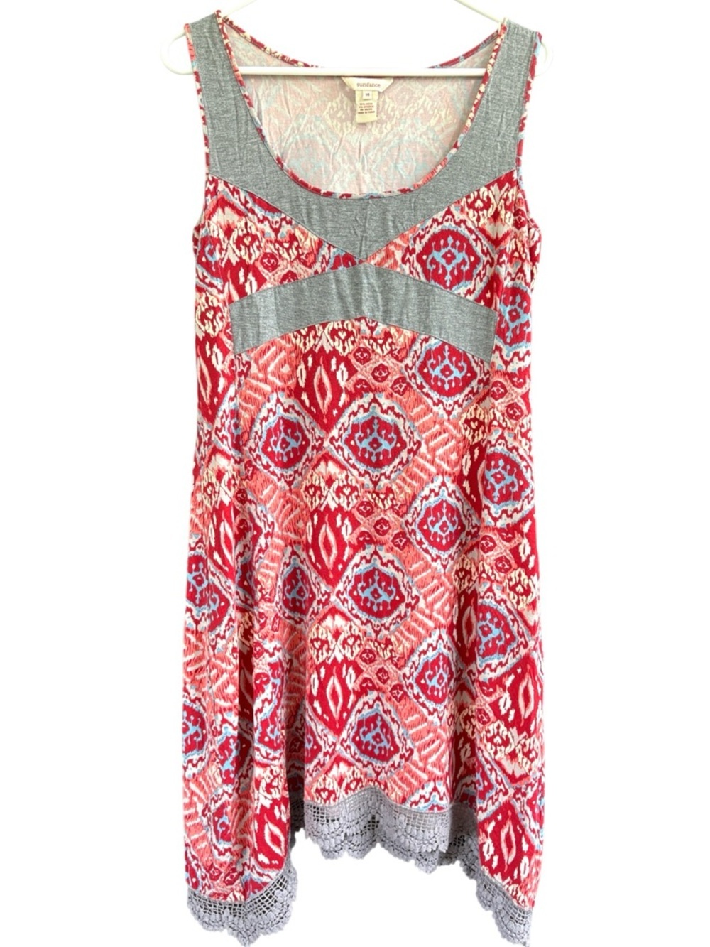 EUC Sundance Medallion Print Crochet Trim Stretch Sleeveless Dress Large
